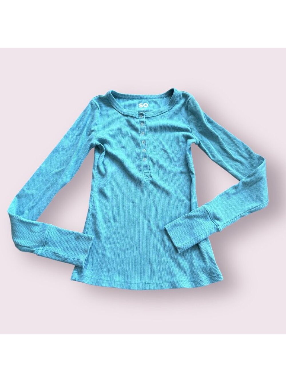 SO Womens Ribbed Henley Long Sleeve Top XS Blue Stretch Casual Shirt